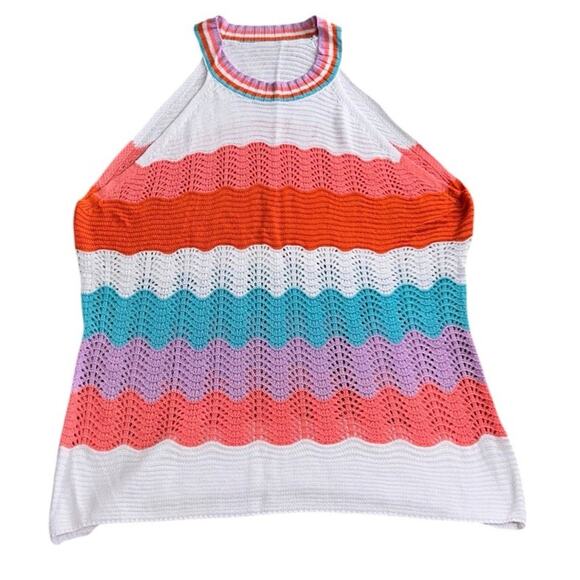 Sleeveless High Neck Sweater Top Sz XL Open Knit Colorful Crochet Blouse - Picture 7 of 7